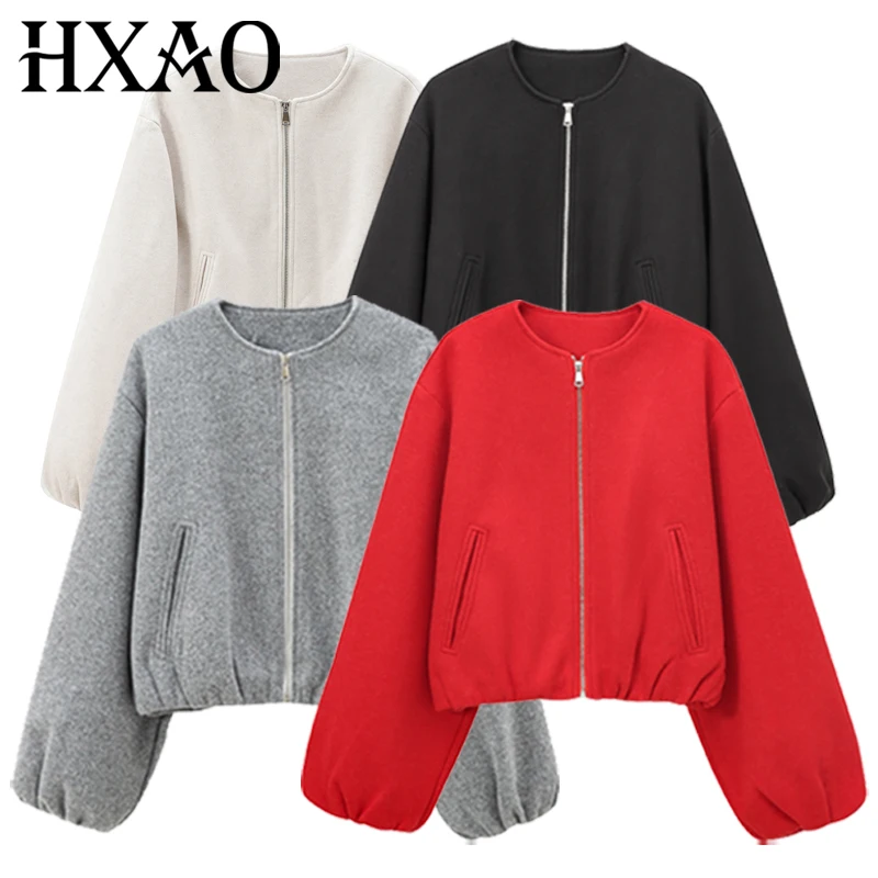 HXAO Women's Cropped Loose Jackets Red Grey Off White Black Outerwear Oversized Zip Up Long Sleeve Top Chic Bomber Baseball Coat