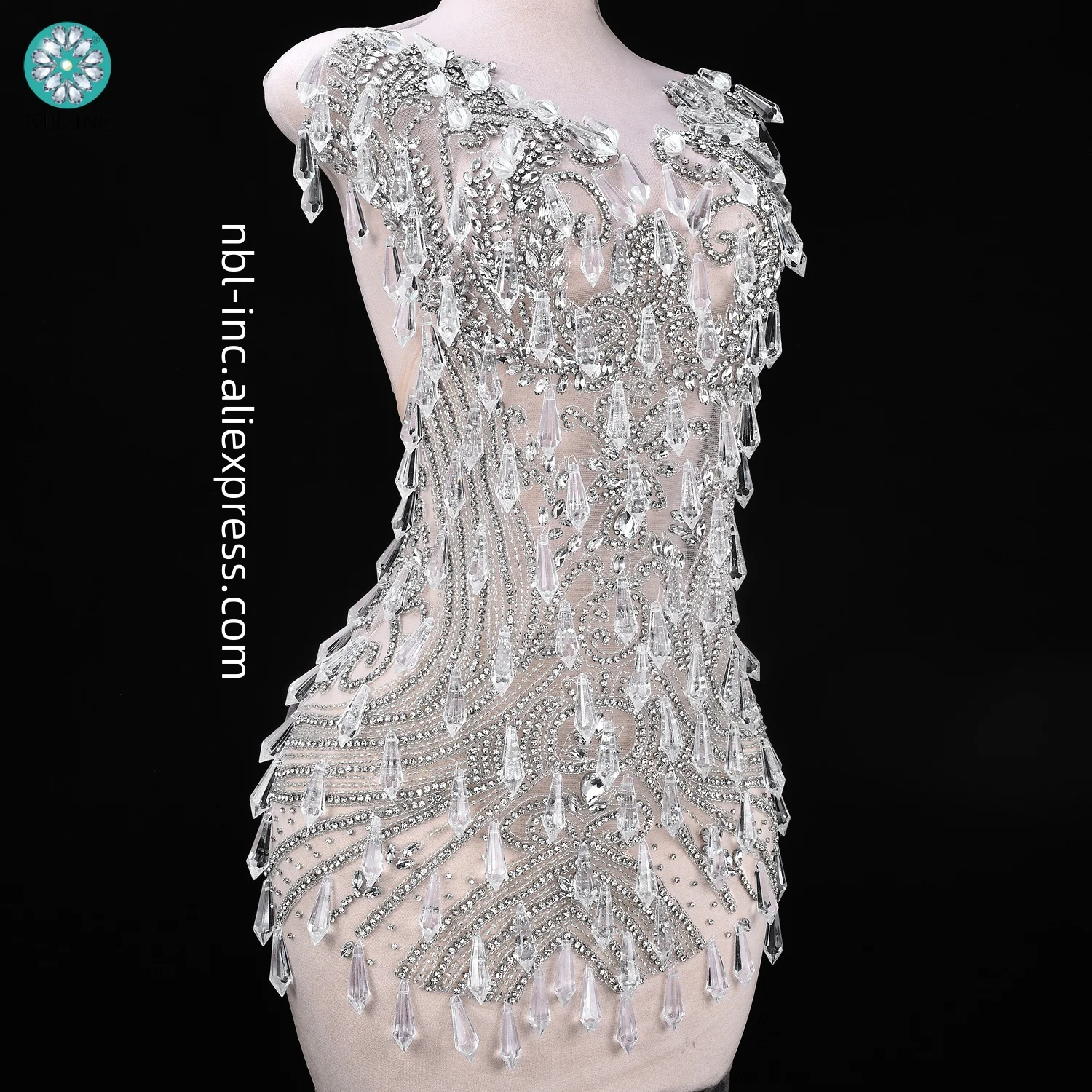 (1PC) Luxury black crystal rhinestone bodice applique patch hand sewn for wedding prom evening dress WDD1405