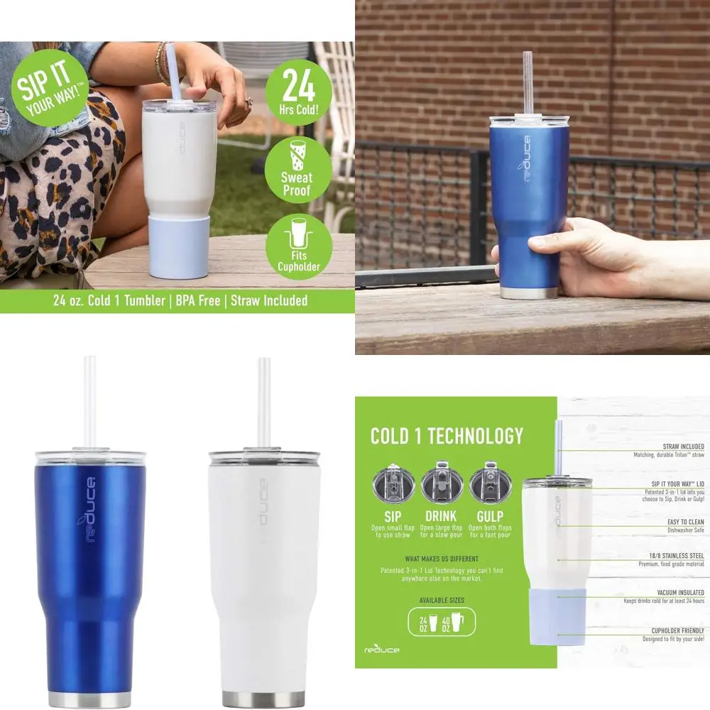 

Double-Walled Stainless Steel Tumbler Set, 24 oz, 24-Hour Cold Retention, Sweat-Proof, Dishwasher Safe, BPA-Free, Blue & White