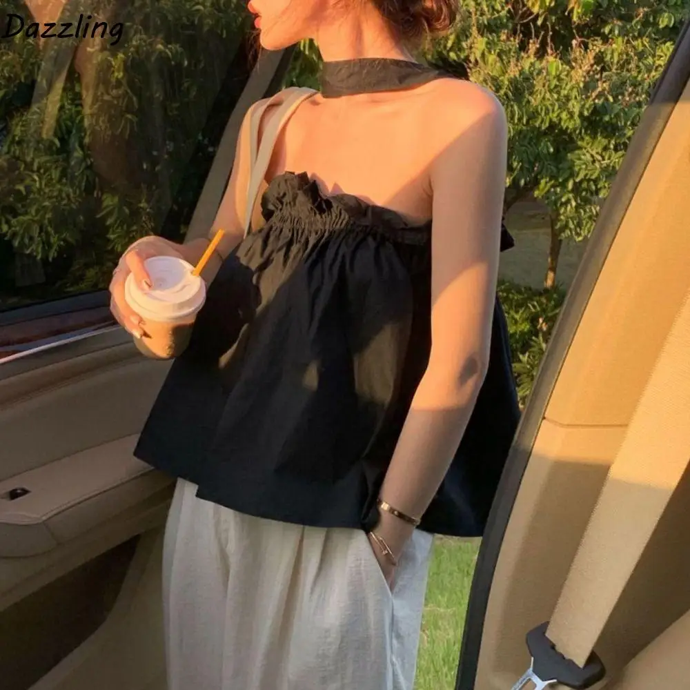 

Korean Style Pleated Halter Sleeveless Camisole Sweet Ruffle Slim Crop Tops Spicy Girl Summer Suspender Vest Spring Summer