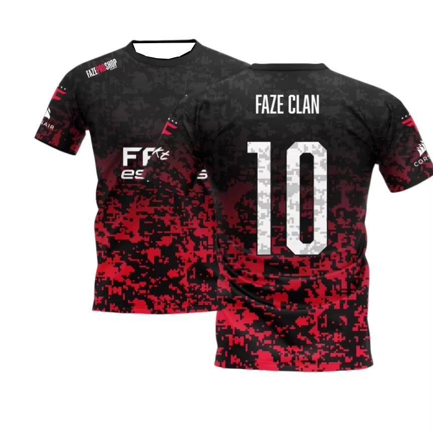 2026 Black Red Digital Camo Gradient Short Sleeve Gaming Team Uniform 3D Print Family Clothing Men Women Y2K FaZe Esports Jersey