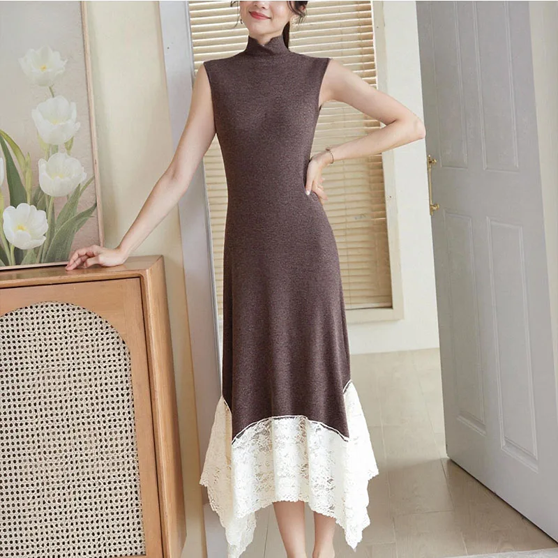 2025, europäischer und amerikanischer Stil, Damenbekleidung, Spitzenspleißstrick, schmale Passform, langes, ärmelloses, elegantes Kleid