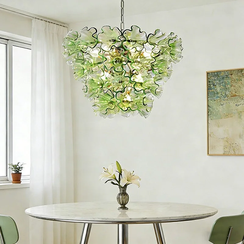 Luxury Green Flower Glass Chandelier Retro Multi Tier Round Hanging Lamp For Loft Living Room Kitchen Table Art Lighting Fixture
