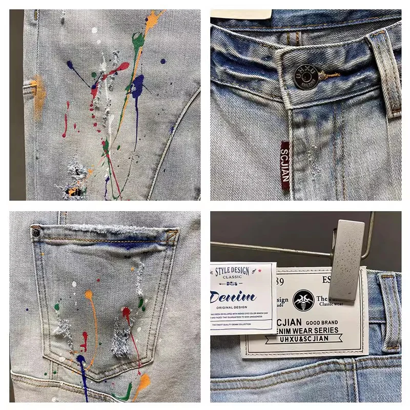 Street Fashion Männer Jeans Sommer Designer Retro hellblau Stretch zerrissen kurze Jeans gespleißt gemalt Hip Hop Denim Shorts Männer