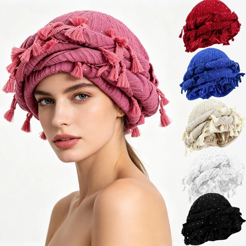 New shiny rhinestone tassel headscarf hat double-layered satin-lined fur blingbling braided hat ethnic fashion turban Hats