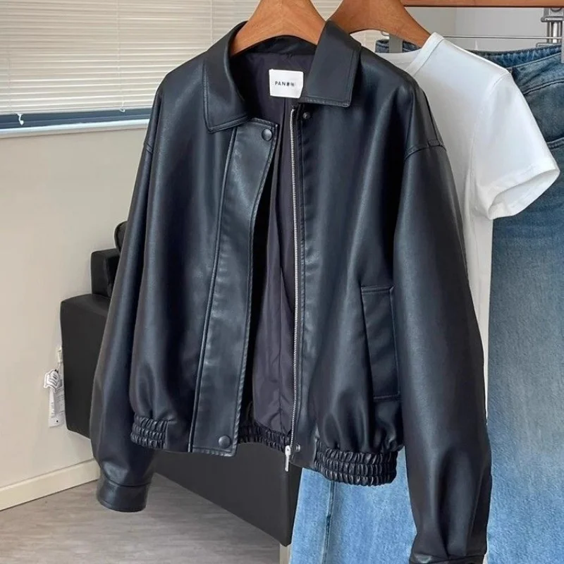Women Black PU Leather Jacket Girls 2026 Fall Winter Vintage Trendy Outerwear Lady Cool Stylish Versatile Retro Long Sleeve Coat
