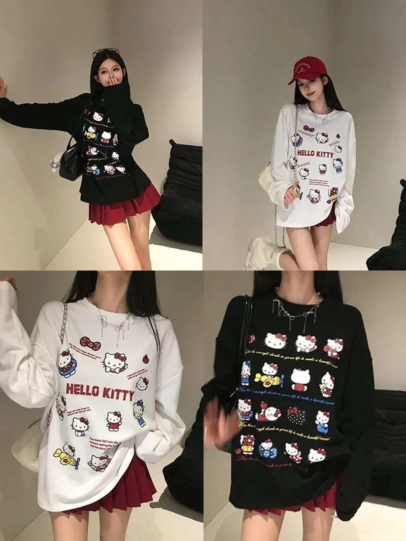 Sanrio Cartoon Print Cotton Tops for Women, Oversized Shirts, Streetwear, Splicing Tops, Kawaii Clothing, Hello Kitty, 2024