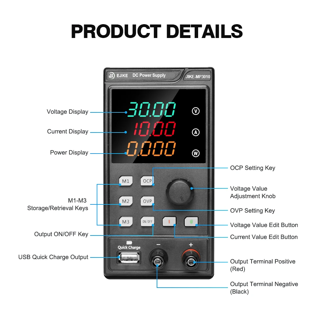 

EJIKE Adjustable DC Regulated Power Supply Voltage Regulator Switch MP3010 30V 10A Lab Bench Source Stabilized Power Supply