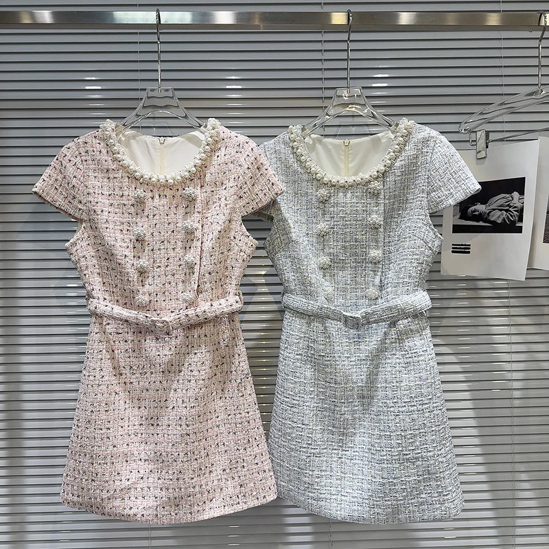 

Роскошные короткие твидовые платья, женское летнее праздничное двубортное облегающее платье с кристаллами и жемчужной цепочкой, вечернее платье с короткими рукавами