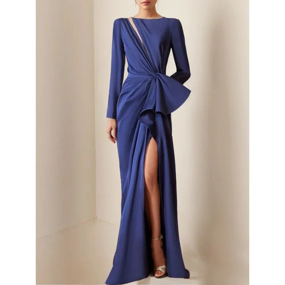 

Luxury Deep Blue Evening Dresses O-neck Long Sleeve Long Mermaid Slit Dresses Floor Length Ball Party Evening Banquet Growns
