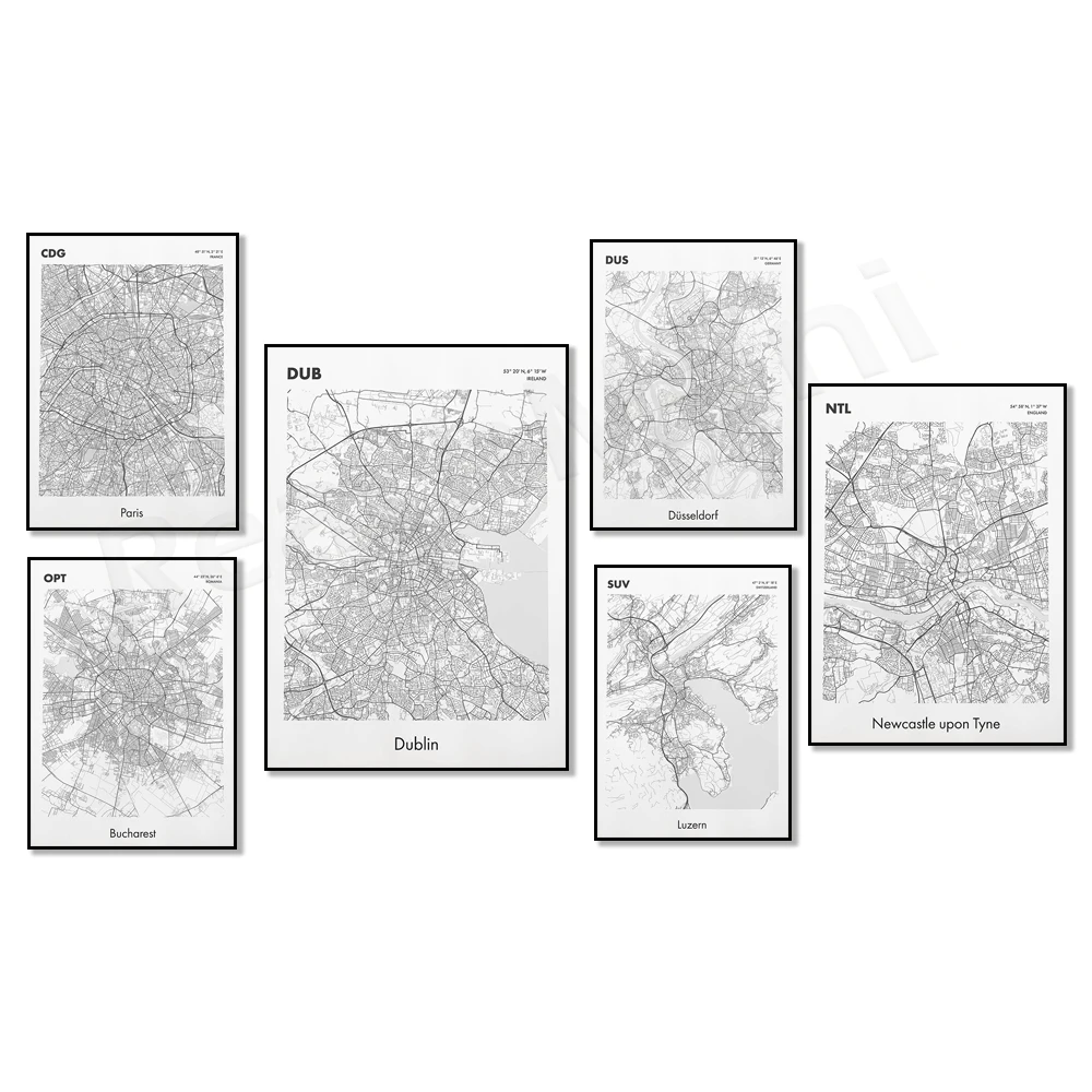 Bucharest, Romania, France, Paris, Linz, Austria, Dusseldorf Germany, England, Switzerland, Portugal, Norway city map poster