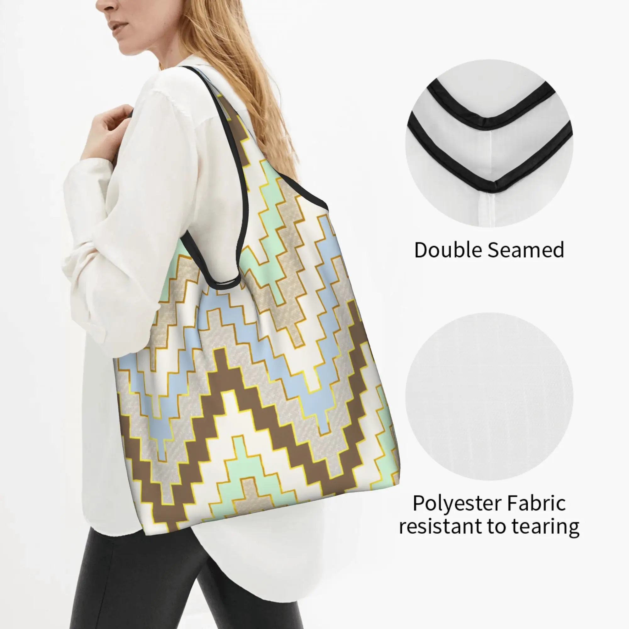 Custom Geometric Zig Zag Luxe Chevron  Shopping Bags Women Portable Big Capacity Groceries Blue And Mint Shopper Tote Bags