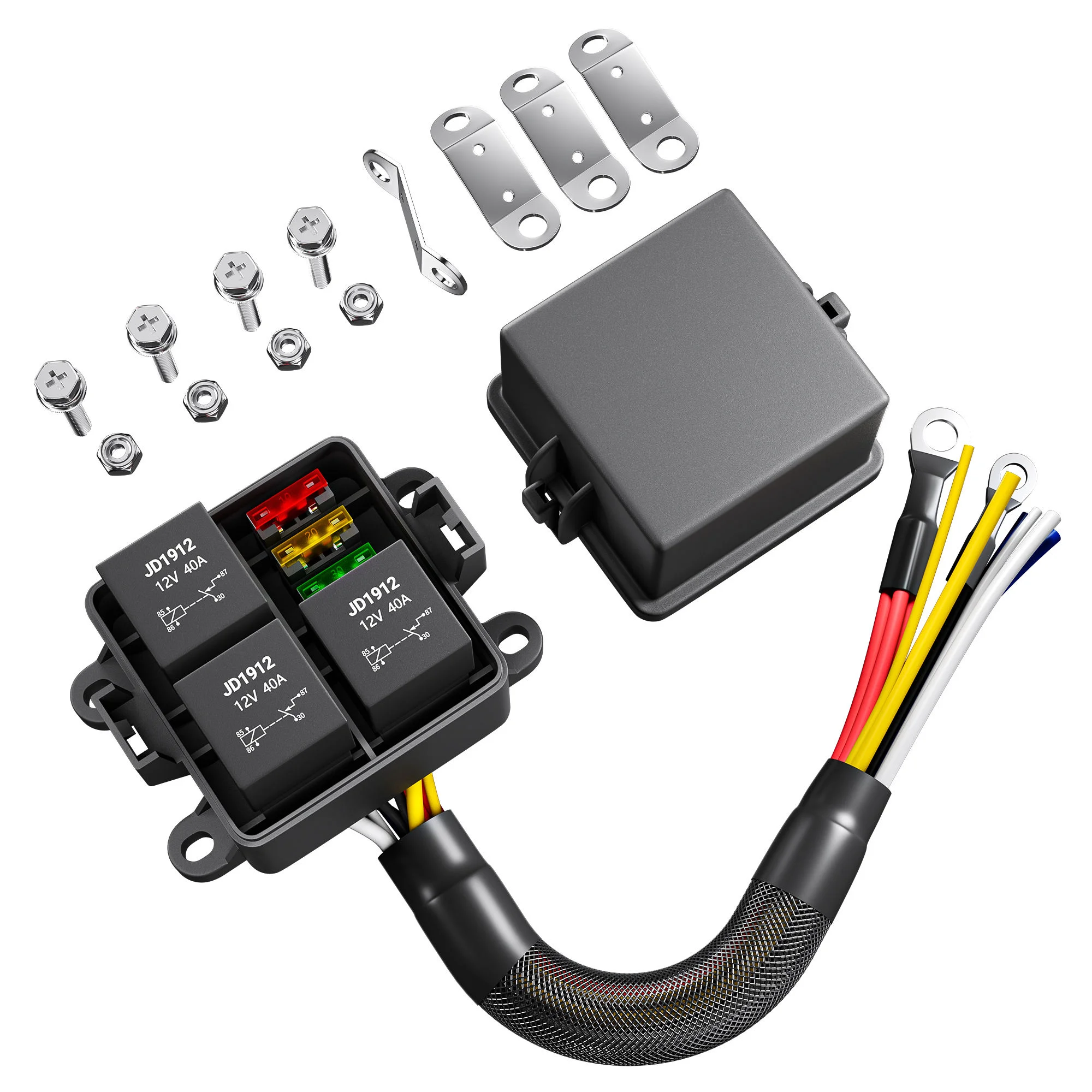 Fuse and Relay Box, Motorcycle Fuse Relay Box, 12V Waterproof Pre‑Wired 3‑Way, with 3‑Piece 4‑Pin 40A Relay Holders