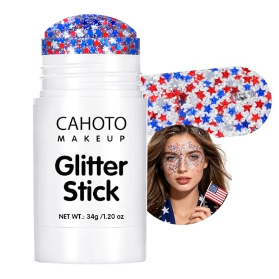 

Starlet Glitter Stick, Red White Blue Star for Face Body Hair, Patriotic Pride USA Flag Sparkling Sequins for Independence Day