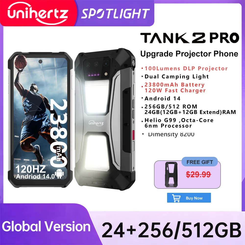 Unihertz tank 2 Pro 8849 rugged phone with projector, 100MP camera, 24GB 512GB, Android 14, 100MP, NFC, Helio G99, 23800mAh , 4G