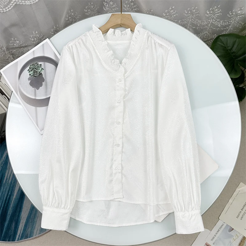 

Women's Long Sleeve White Shirt Free Neck V-Neck Embellished Piano Pleat Early Autumn New Style Commute Loose Fit Shirt