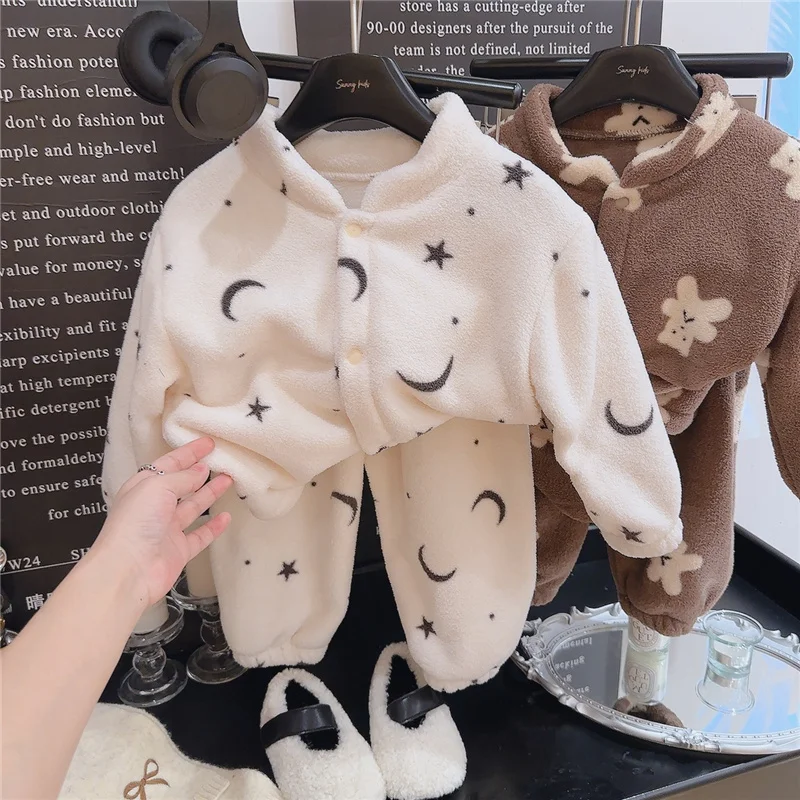 Kids Fleece Sets Autumn Winter Thicken Flannel Warm Pajamas Suits Children Cartoon Print Coat+Pants 2Pcs Boys Girl Padded Outfit