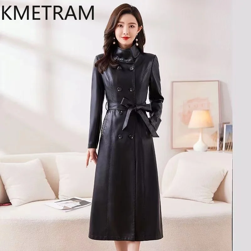 Kmetram-女性のための本物のシープスキンレザージャケット,女性の服,ミドル丈,韓国のコート,スリム,春,秋,新しい,2024