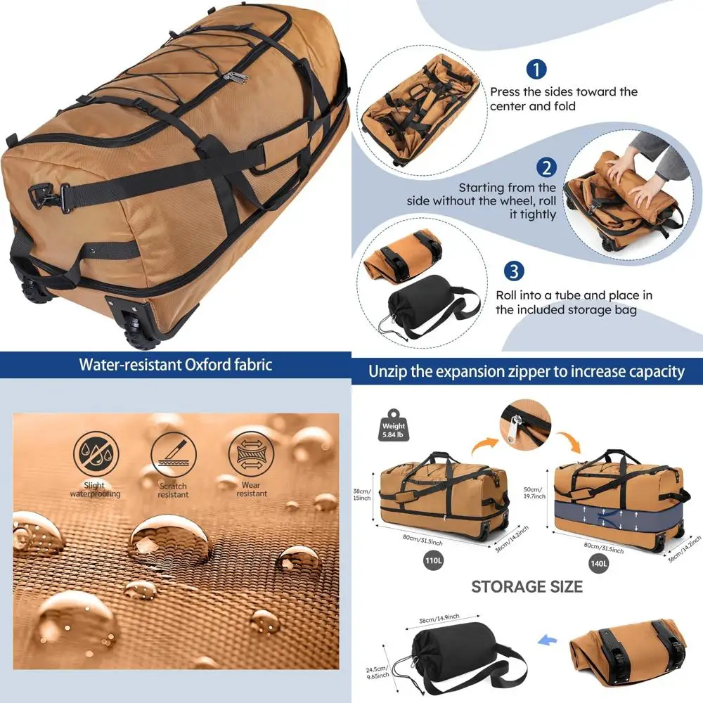 

Rolling Duffle Bag with Wheels,110L/140L Expandable Soft-Sided Foldable Duffle Bag with 2 Rubber Wheels,Packable 32” Rolling Car