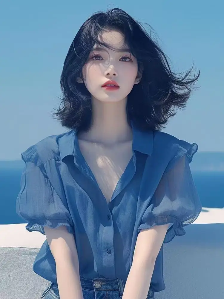 

2025 Spring Autumn Popular and Beautiful Salt Based Light Cooked High Quality Chic White Short Sleeve Shirt Korean Folded Tops