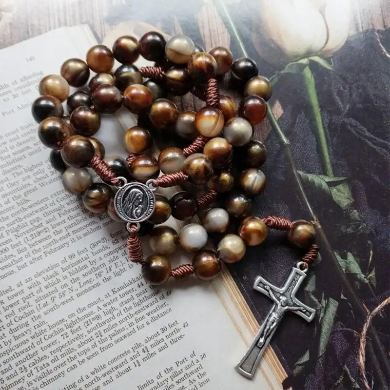 E06b contas marrons rosário colar católico para cruz religiosa longa corrente artesanal contas acrílico colar ornamentos