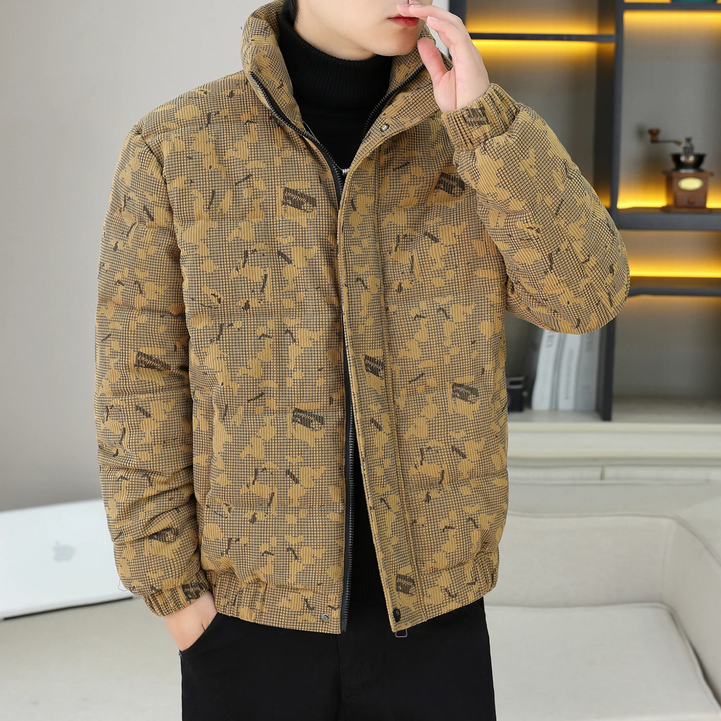 

Winter Thiened Men's Cotton Jaet Faionable Versatile Durable Polyester Stand Fit Long Sve Zipper Closure W...