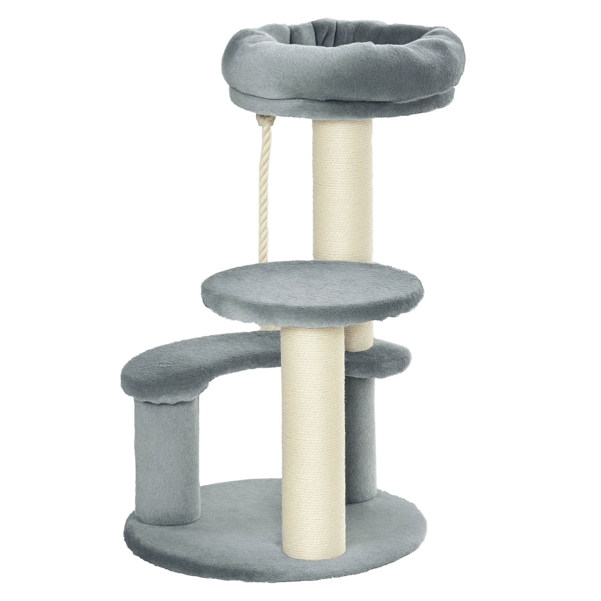 PawHut kattenboom 2 sisal krabpalen Natuurlijk 3 platformen touw om op te klimmen dim. Ø 40x65H cm Pluche hoge dichtheid 500g/m² Grijs