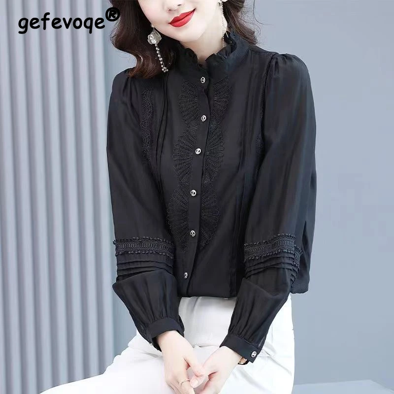 

Womens Clothing Vintage Black Ruffle Lace Patchwork Button Shirt Fashion Elegant Office Lady Blouse Long Sleeve Chic Tops Blusas