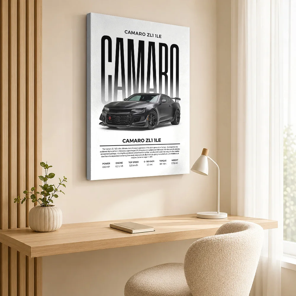 Minimalist Black American Camaro ZL1 1LE Canvas Print Poster Customized Photo Gallery Style Man Cave Wall Paintings Decoration