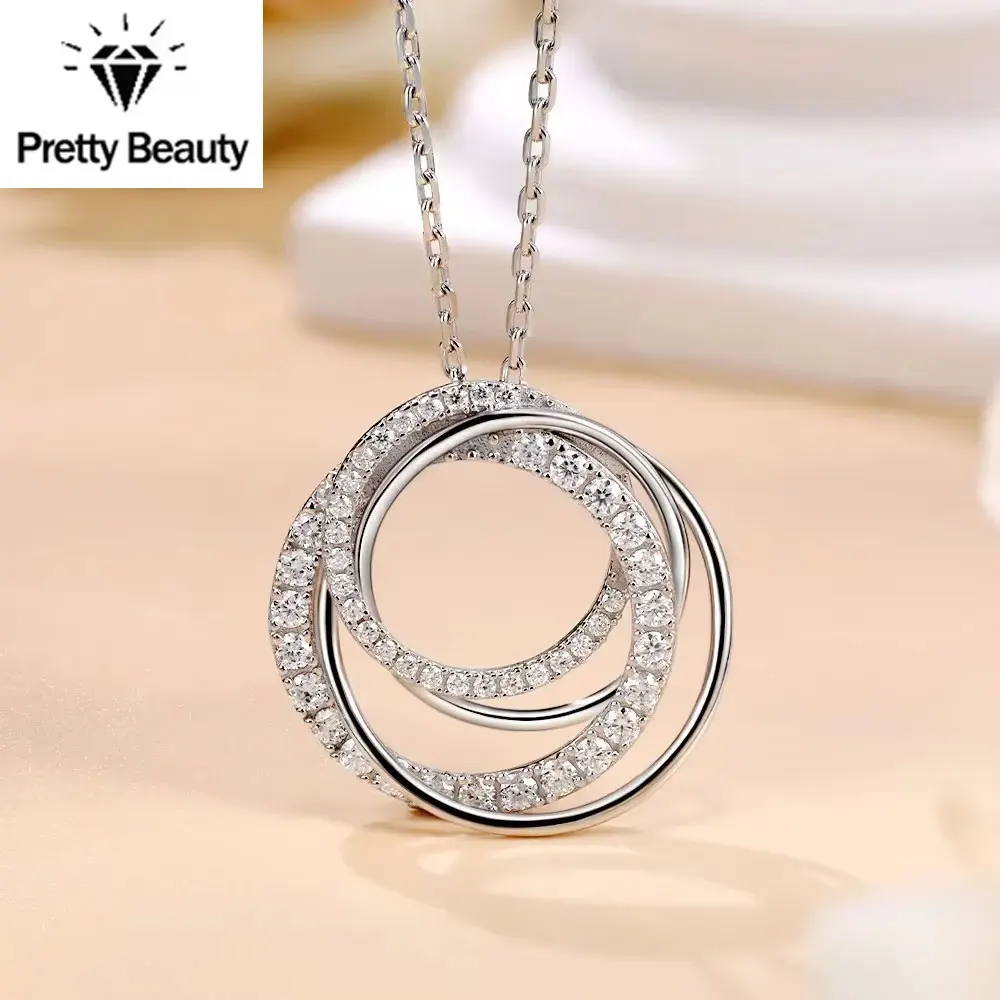 

Pretty Beauty S925 Silver Interlocking Circle Moissanite Necklace White Gold Plated Triple Circle Pendant Fine Jewelry for Women