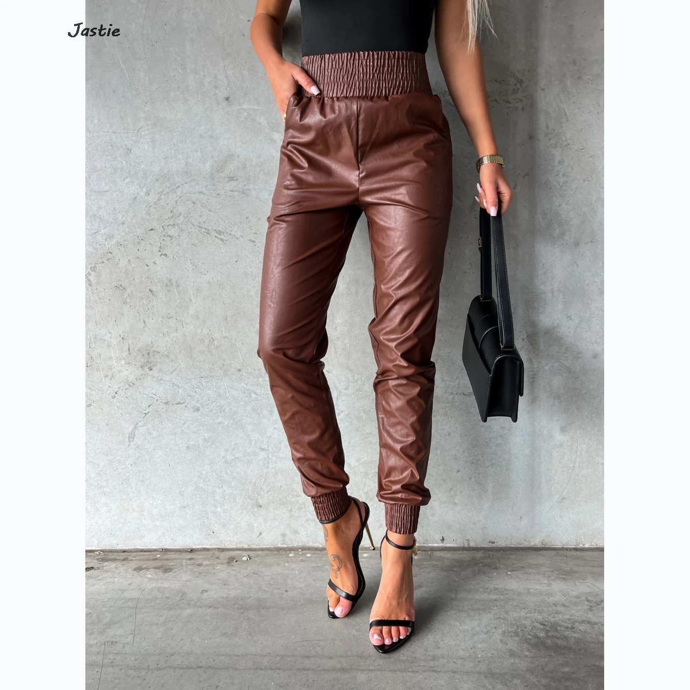 2023 Spring And Autumn New Casual Tight Pocket Leather Pants High Elastic Waist Slim Pencil Trouser Street Trend Motorcycle 2024