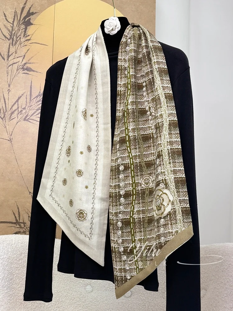 両面カラーブロックシルクスカーフ-ウール混紡ロングスカーフ-約40x2cm-多機能幾何学模様-レディース