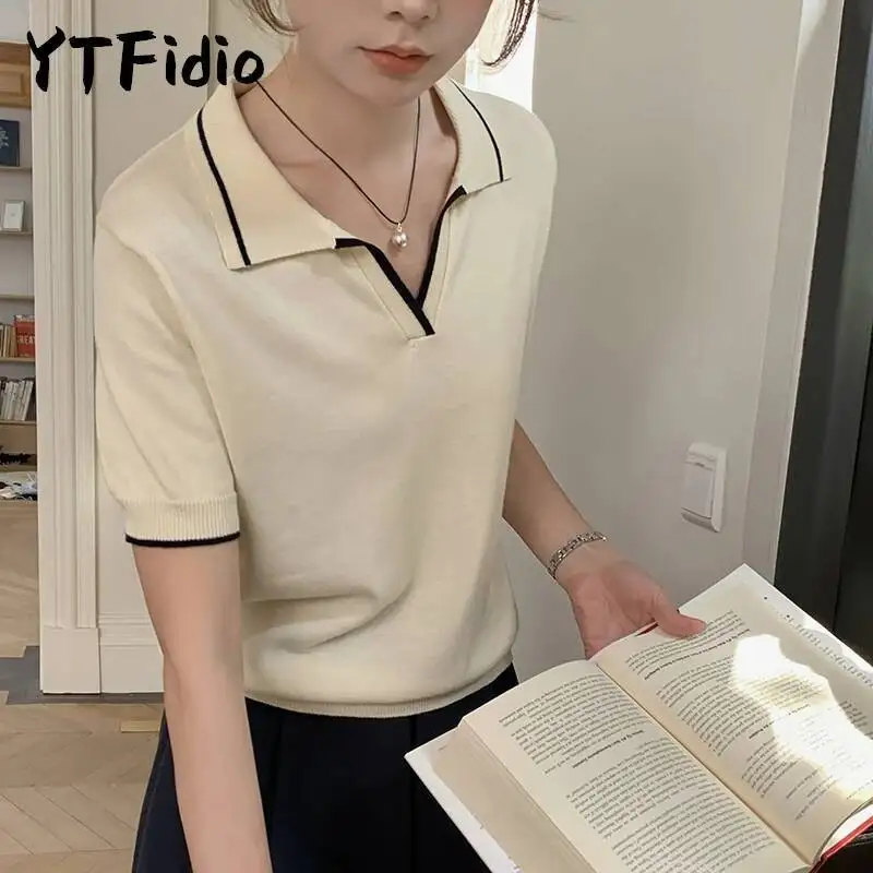 Ytfidio ملابس نسائية قطنية 100% بياقة بولو بألوان متباينة مقاس كبير 246