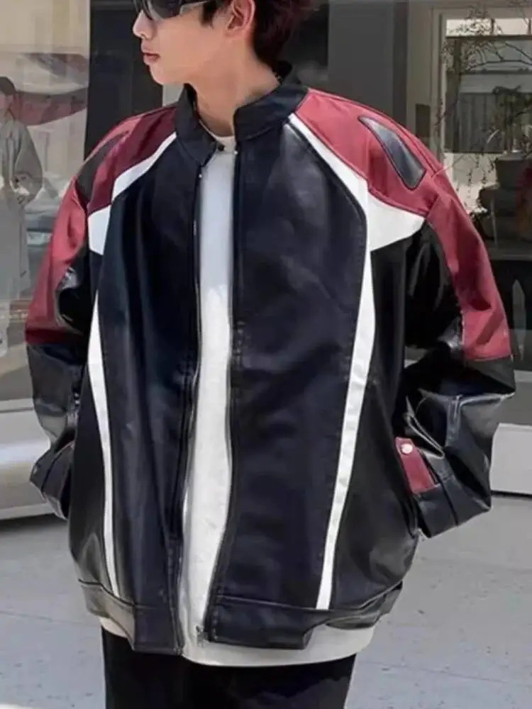 

Men's Motorcycle Leather Jacket 2025 Autumn Retro Moto Leather Coat Jacket Patchwork Stand Collar Outerwear