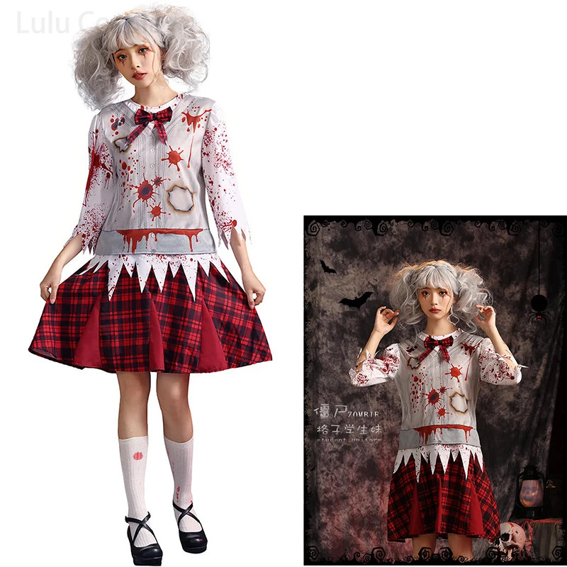 

Bloodstained Red Plaid Student Zombie Dress Women Cosplay Outfits Stage Performance Wear Halloween Carnival Party Zombie Costume
