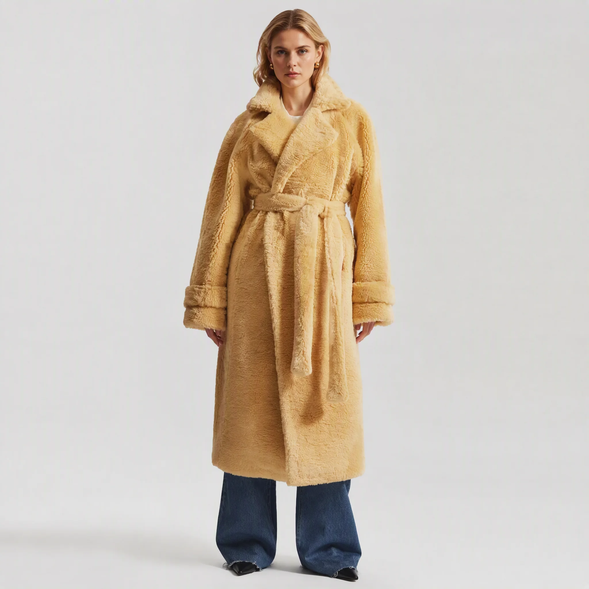 RU Women Long Teddy Fleece Coat Notched Lapel Collar Self Belt Waist Tie Loose Warm Outerwear For Autumn Winter Elegant Outfit