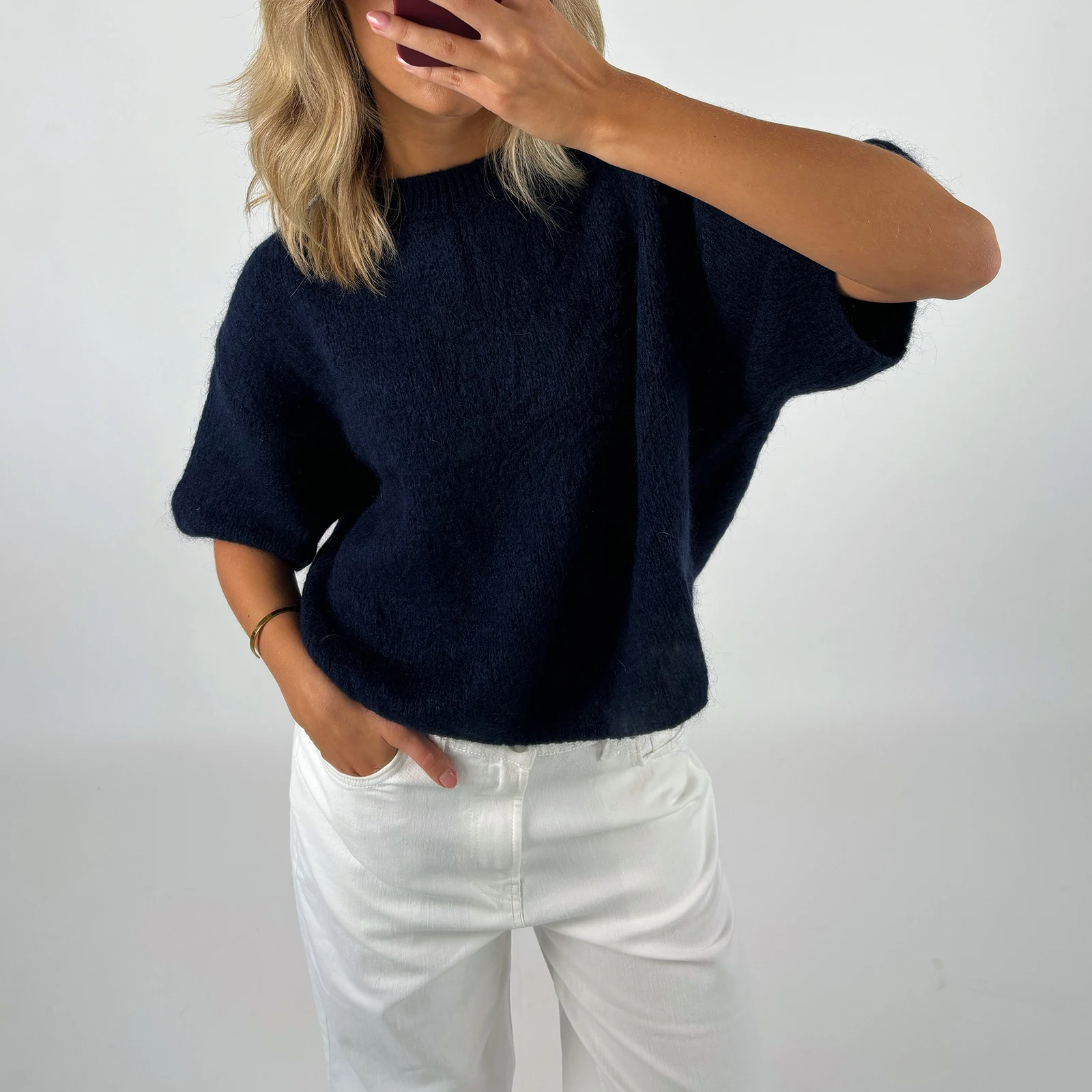 Women\'s Spring Autumn Y2K Vintage Loose Knitted Sweaters Half Sleeve Round Neck Solid Color Casual Cropped Pullover Tops