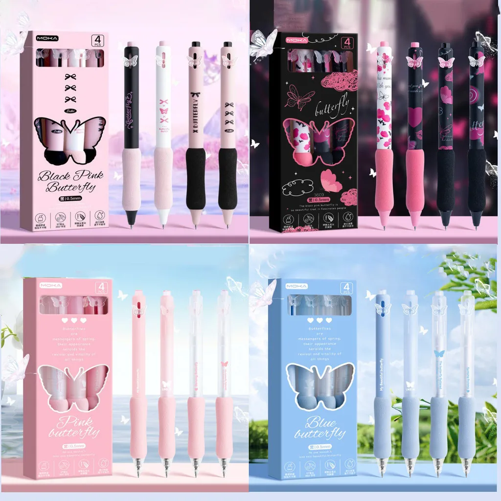 4Pcs Creative Black Pink Butterfly Gel Pen Set Soft Sponge Grip Quick-Drying Ink Pen ST Pen Tip Office Signature Pens