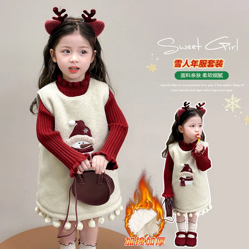 

Girls' Autumn and Winter Woolen Vest Dress New Baby Sweet Christmas Snowman Pom-Pom Cute New Year Dress