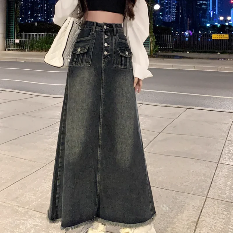 Women's Vintage Breasted Denim Skirt, Long Skirt, Loose, Fake Pocket Design, Sense of Raw Edge, Spring, Summer, New, 2023