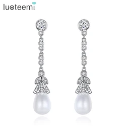 LUOTEEMI Vintage Imitation Drop Pearl Earrings Elegant Women Fashion Tiny CZ Long Earring Classic Design Korean Pearl Jewelry