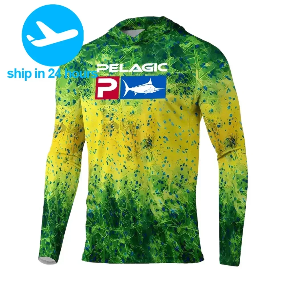 Roupa de pesca pelágica masculina, camiseta com capuz, camisa de pesca respirável, proteção solar, verão, upf 50 plus