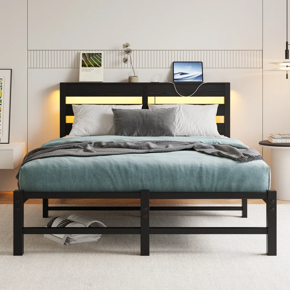 

Full Size Metal Bed Frame with Wooden Headboard, RGB Lights, Outlets & Charger, Storage Shelf, Noise-Free, No Box Spring Needed
