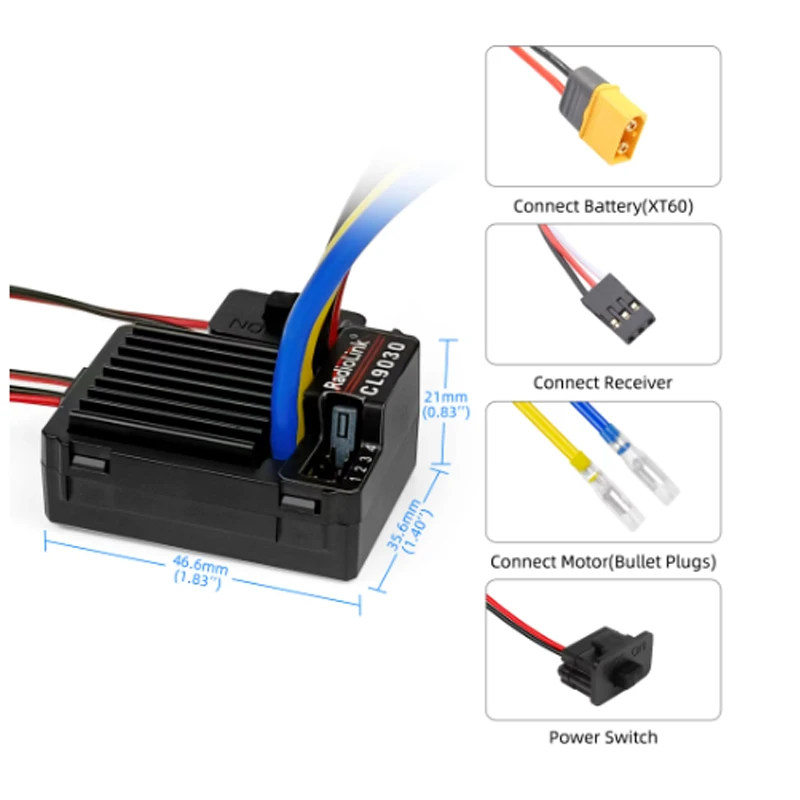 Radiolink Cool 9030 ESC 90A brossé (2-4S) étanche intégré BEC 5A sélectionnable 5.5V/7.5V pour 1/10 RC camion inolers chars voitures