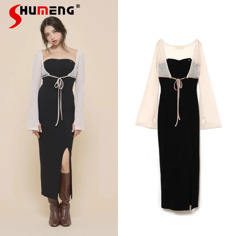

2025 Autumn New Japanese Fashion Design Slim Fit Long Sleeves Knitted Cardigan Strap Bodycon Dress Set Women's Mid-calf Vestidos