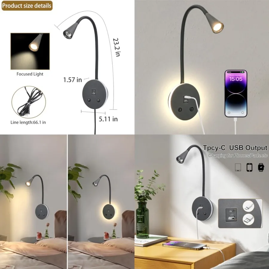 

Book Lights for Reading at Night, LED Wall Mounted Reading Light, Flexible Gooseneck Wall Lamps for Bedroom, Plug in Wall Light
