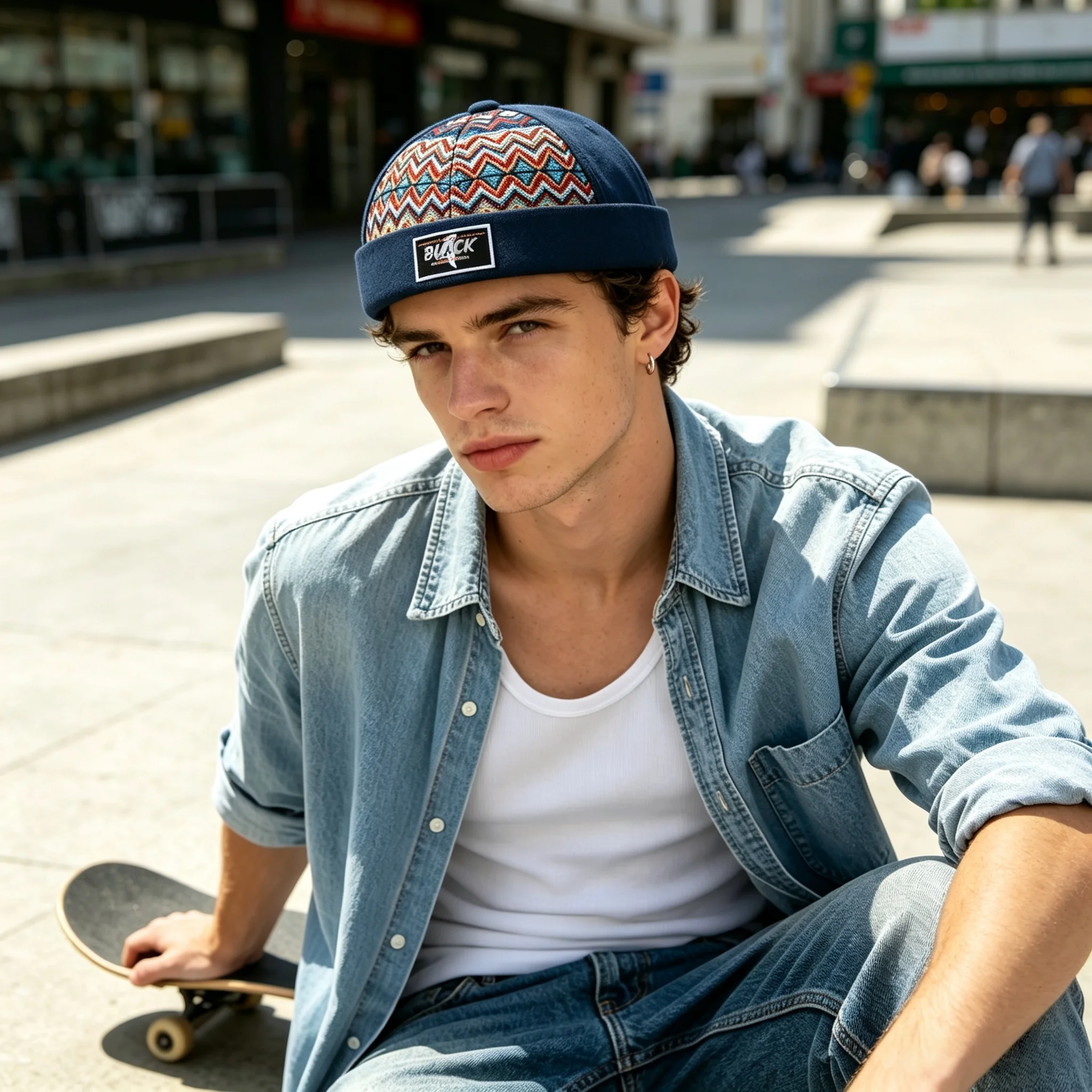 Ethnic Style Jacquard Patchwork Beanie Hat, Vintage Brimless Landlord Hat, American Street Style Black Patch Label Beanie, Unisex Dandy Retro Sailor Hat, Everyday Streetwear Skateboard Versatile Rolled-Edge Beanie, Fou