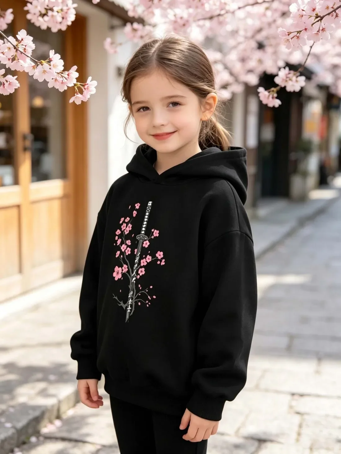 Kids Japanese Samurai Hoodie Cherry Blossom Sword Graphic Print Autumn Winter Fleece Lined Long Sleeve Warm Pullover