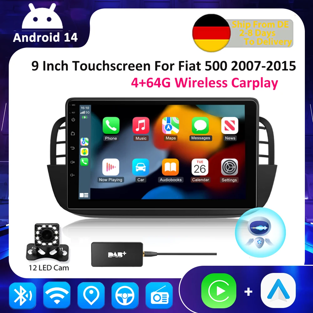 ESSGOO Android 14 Autoradio Carplay Per Fiat 500 2007-2015 Navigazione GPS Lettore MP5 Bluetooth Auto Stereo HD Touchscreen
