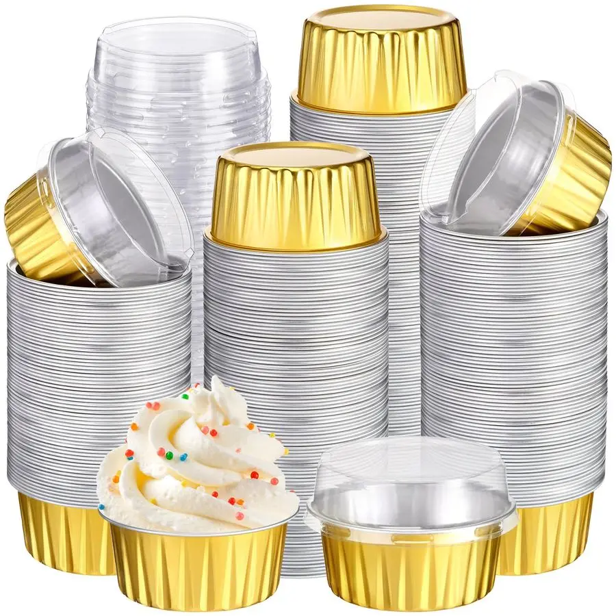 

400 Pcs Aluminum Foil Baking Cups with Lids 5 oz Disposable Ramekins Mini Cake Pans Creme Brulee Cupcake Liners Muffin Tins Flan
